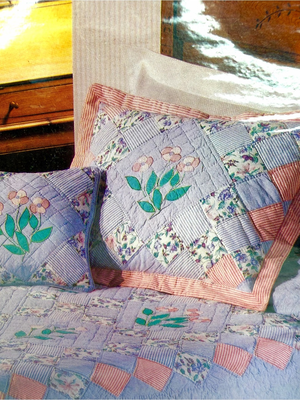 American Pacific Blue Pink Pinstripes & Flowers Floral Patchwork Pillow Shams